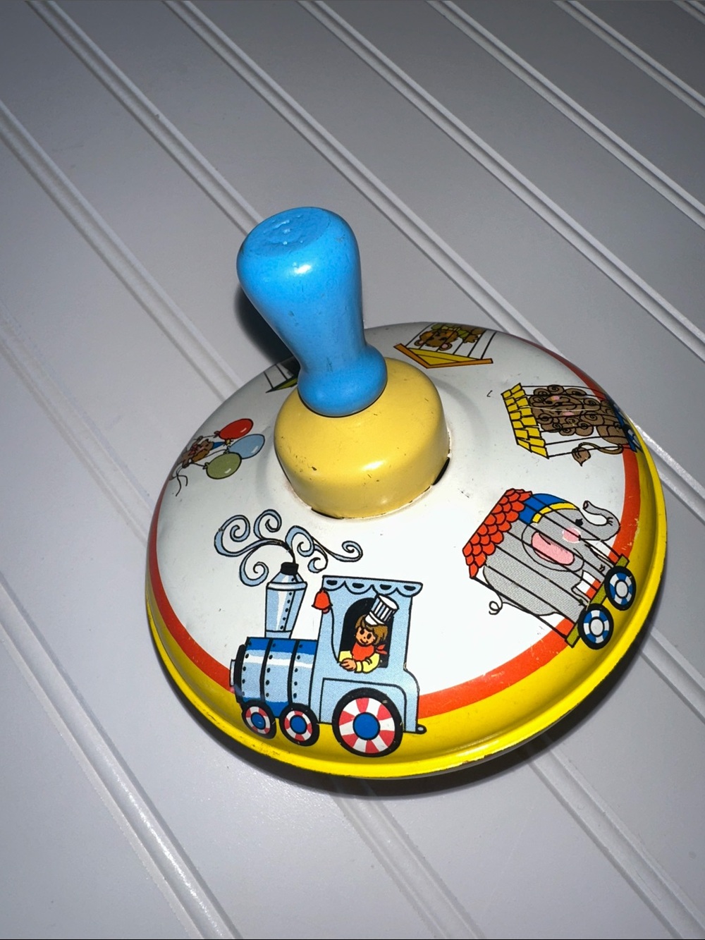 Vintage Ohio Art Tin Spinning Top Circus Animal Train Litho Toy Wooden Handle